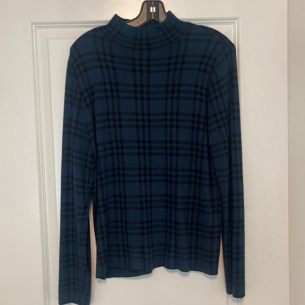 Ann Taylor Navy and Black Plaid Mockneck Sweater